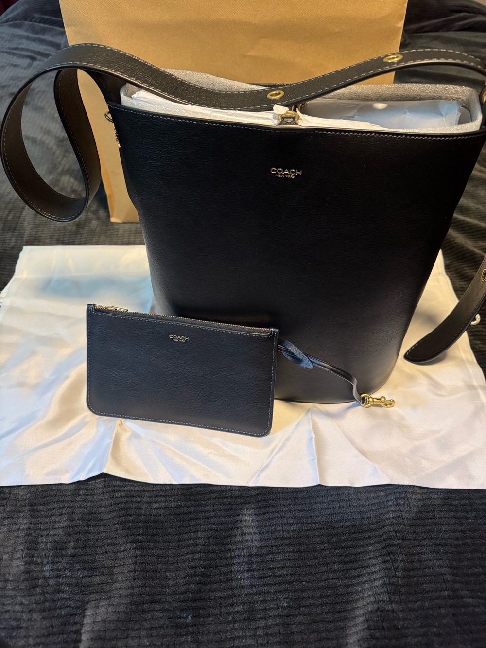 Coach Black Leather Bleeker Bucket Bag with Matching Wristlet